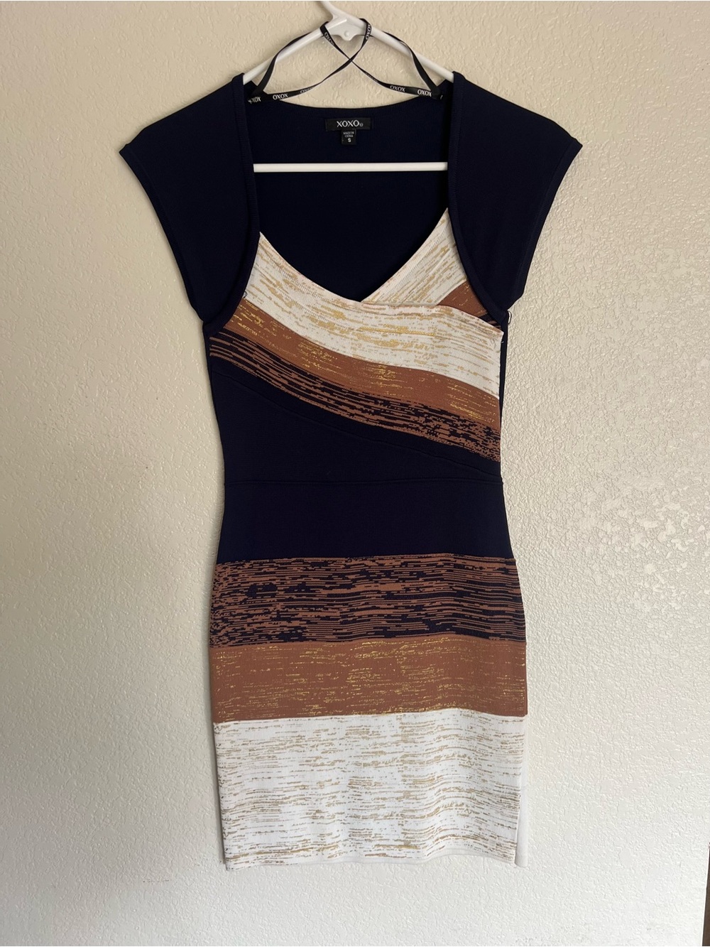 XOXO Black, Brown & Cream Striped V-Neck Midi Dress
